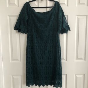 Green off the shoulder, lace detailed scalloped bottom and sleeve dress.